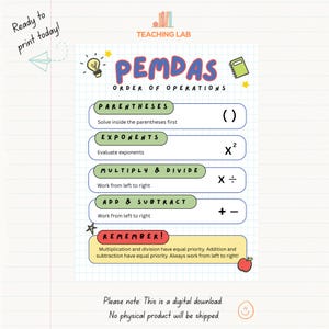 May include: A PEMDAS order of operations educational chart on grid paper. It lists Parentheses, Exponents, Multiply & Divide, and Add & Subtract with corresponding symbols and instructions. Includes a Teaching Lab logo, lightbulb, and apple icons.