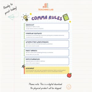May include: An educational poster titled COMMA RULES featuring a grid background. It lists grammar guidelines for series, compound sentences, introductory phrases, direct address, and dates. Includes a yellow REMEMBER box and icons of a lightbulb, notebook, and apple.