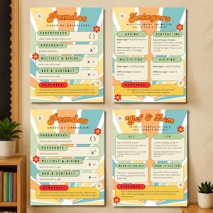 May include: Four educational posters featuring math concepts including PEMDAS, Integers, and GCF & LCM. Each poster has a retro sunburst background with daisy accents, displaying rules for order of operations, adding, subtracting, multiplying, and dividing.