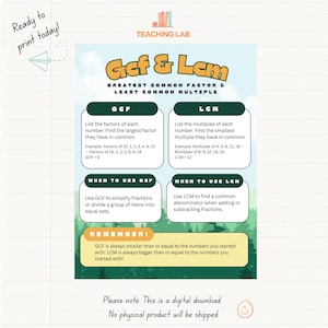 May include: An educational poster titled Gcf & Lcm, Greatest Common Factor & Least Common Multiple, featuring definitions, examples, and usage instructions. The design includes dark green rounded boxes on a light blue background with a forest graphic.