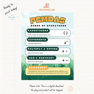 May include: A digital educational poster titled PEMDAS ORDER OF OPERATIONS by TEACHING LAB. It lists steps: PARENTHESES, EXPONENTS, MULTIPLY & DIVIDE, and ADD & SUBTRACT with symbols and instructions. The background features a forest and sky design.