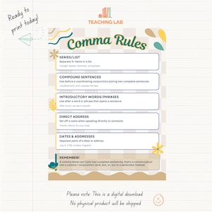 May include: An educational poster titled Comma Rules by Teaching Lab, featuring a checkered background with floral accents. It lists grammar rules for series, compound sentences, introductory phrases, direct address, and dates with examples.
