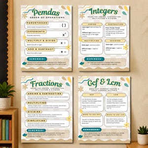May include: Four educational posters featuring math concepts: Pemdas Order of Operations, Integers, Fractions, and Gcf & Lcm. Each poster has a cream and white checkered background with green text, yellow floral accents, and clear instructional boxes.