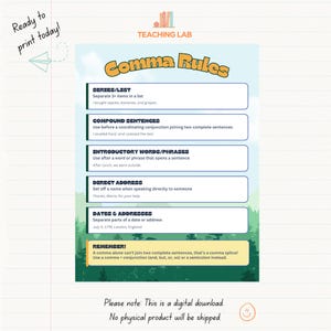 May include: An educational poster titled Comma Rules by Teaching Lab, featuring a light blue sky and green forest background. It lists five comma usage rules with examples, including series, compound sentences, introductory phrases, direct address, and dates.