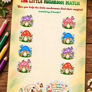 The Little Mushroom Match Printable | Preschool Matching Activity | Pattern Recognition Game for Toddlers | Nature Learning Printable
