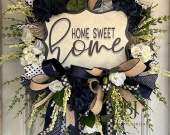 Navy Blue Burlap Wreath, Black White Farmhouse Door Decor, Everyday Home Sweet Home Sign