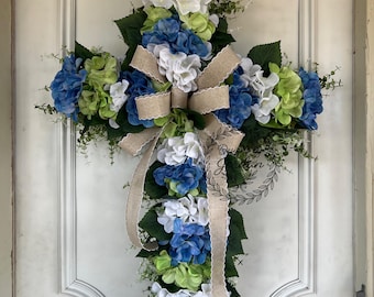 Hydrangea Easter Cross Door Hanger | Blue, Green Floral Wreath