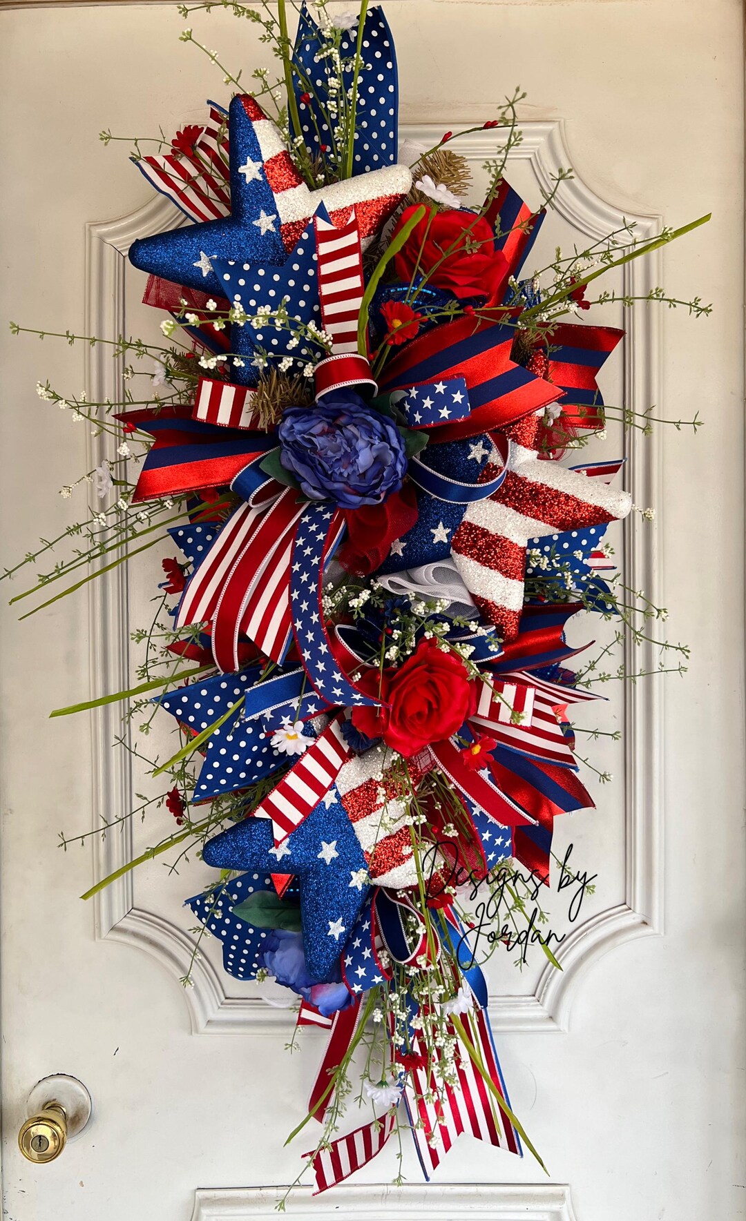 Patriotic 4th of July Door Swag, Americana Red White & Blue Wreath ...