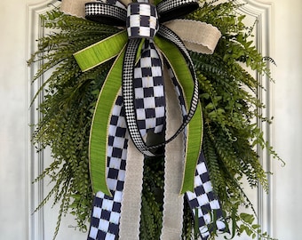 Farmhouse Greenery Wreath, Black Check Bow, Everyday Door Decor, Year Round Styling