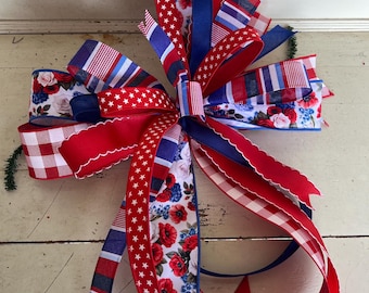 Patriotic Bow, Red White Blue Door Bow, 4th of July Wreath Bow, Americana Holiday Decor, Large Ribbon Bow