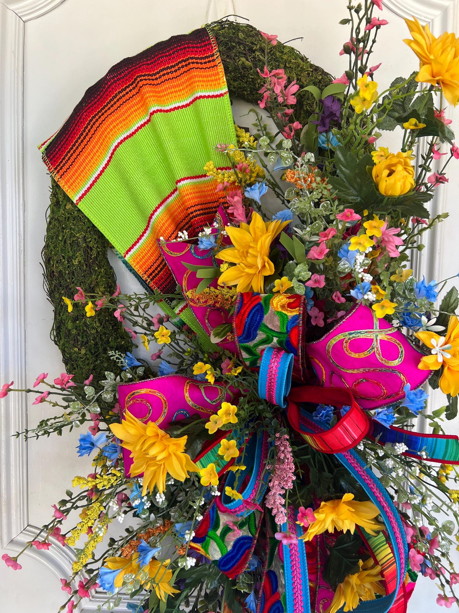 Fiesta Grapevine Wreath | Serape Ribbon, Yellow Flowers, Cinco De Mayo ...