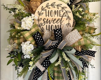 Home Sweet Wreath, Green Buffalo Check Farmhouse Door Decor, Neutral Greenery Everyday Wreath