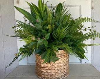 Forever Green Planter, Faux Fern Arrangement, Evergreen Centerpiece, Neutral Basket Planter, Patio Table Decor, No Maintenance Greenery