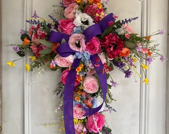 Handcrafted Floral Cross Door Hanger, Spring Easter Wreath, Cemetery Sympathy Decoration