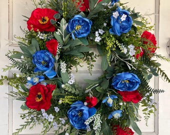 Red White Blue Floral Wreath, Americana Summer Door Decor, Patriotic Floral Arrangement