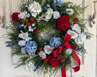 Red White Blue Floral Wreath, Americana Summer Door Decor, Patriotic Independence Day Wreath