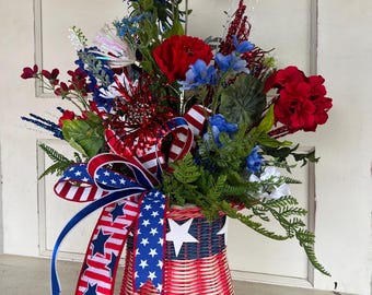 Patriotic Floral Arrangement, Red White Blue Basket, Americana Table Decor