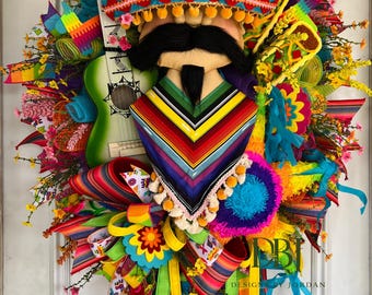Fiesta Sombrero Wreath | Colorful Serape, Guitar, Taco Accents | Cinco de Mayo Decor