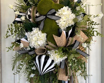 Moss Bunny Wreath, Black White Spring Farmhouse Door Decor, Green Floral Accent