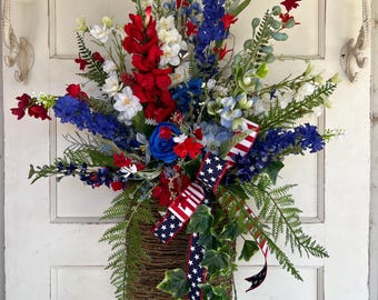 Patriotic Floral Door Basket, Red White Blue Americana Summer Decor