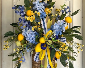 Lemon Hydrangea Door Basket, Spring Summer Floral Arrangement, Farmhouse Porch Decor