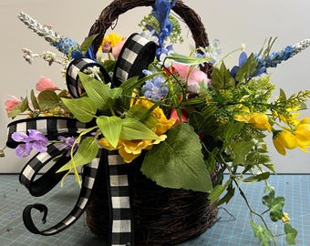 Handcrafted Spring Floral Arrangement in Grapevine Basket, Farmhouse Centerpiece, Mother's Day Gift