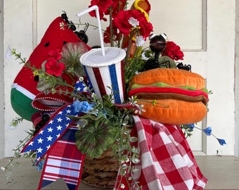 Patriotic Watermelon Burger Centerpiece, Americana Picnic Table Decor