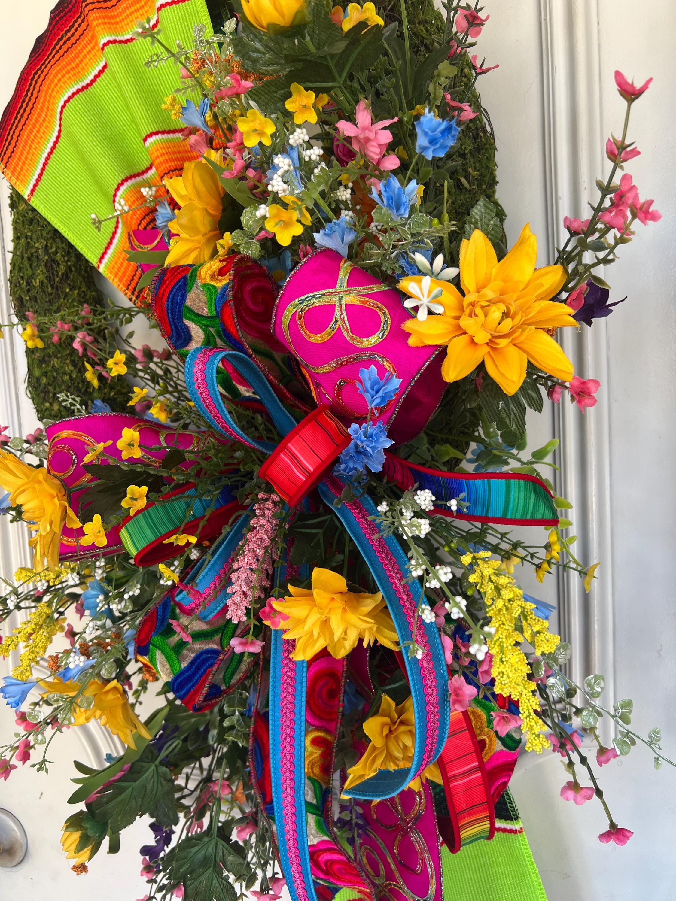 Fiesta Grapevine Wreath | Serape Ribbon, Yellow Flowers, Cinco De Mayo ...
