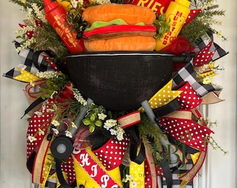BBQ Grilling Wreath, Burger Fries Hot Dog Summer Door Decor, Father's Day Patio Accent
