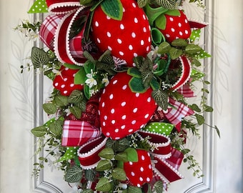 Handcrafted Strawberry Door Swag, Summer Farmhouse Berry Decor, Red Gingham Green Accents