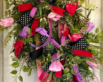 Tulip Grapevine Wreath | Pink, Red & Lavender Floral Door Decor
