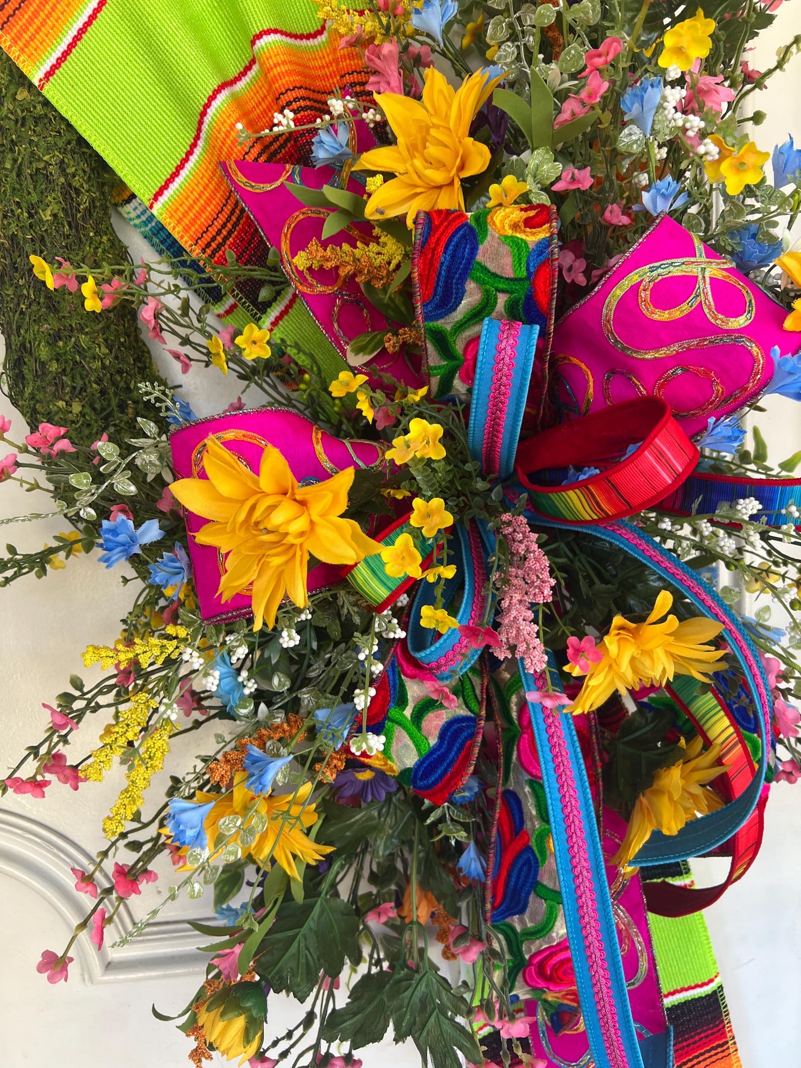 Fiesta Grapevine Wreath | Serape Ribbon, Yellow Flowers, Cinco De Mayo ...