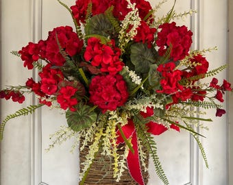 Red Geranium Door Basket, Farmhouse Floral Wall Decor, Summer Porch Arrangement