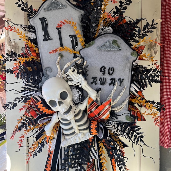 Skeleton Tombstone Halloween Wreath, Gothic Cemetery Door Hanger, Black Orange Decor