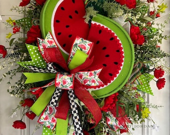 Watermelon Summer Wreath, Whimsical Red Green Door Hanger, Farmhouse Decor