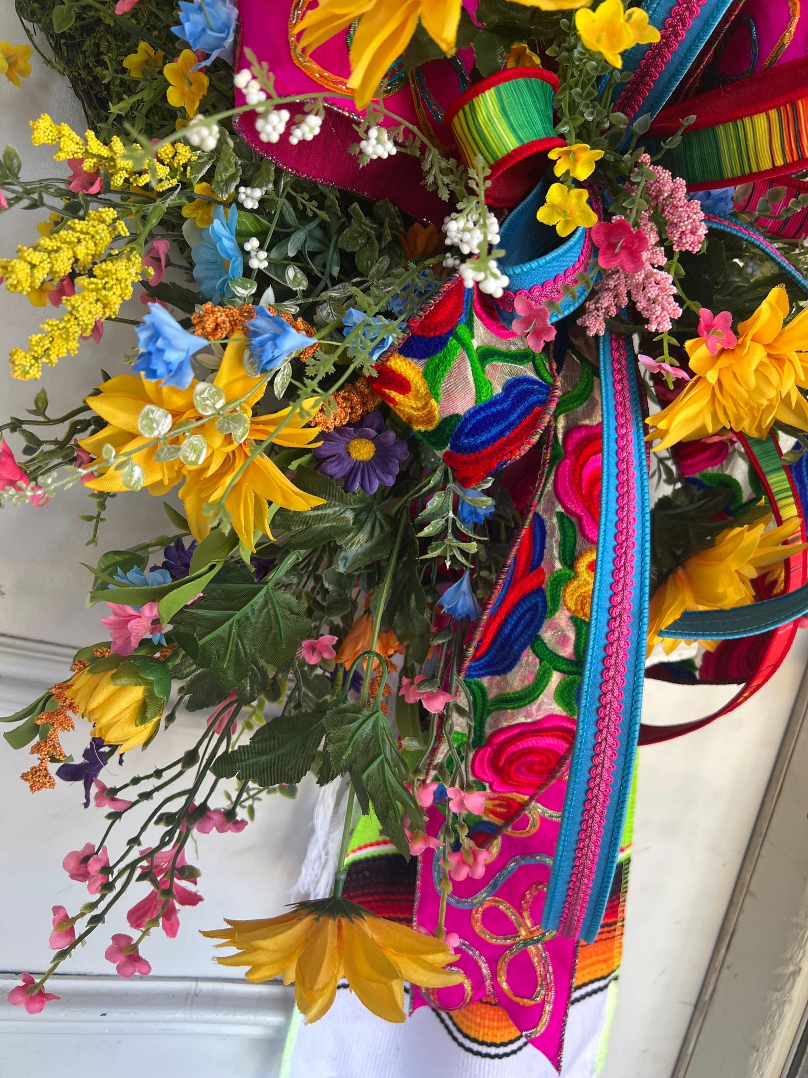 Fiesta Grapevine Wreath | Serape Ribbon, Yellow Flowers, Cinco De Mayo ...