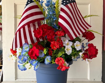 Patriotic Forever Planter with American Flags, Red White Blue Floral Arrangement, Memorial Day Decor, 4th of July Centerpiece, Outdoor Porch
