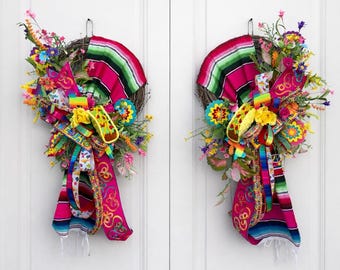 Fiesta Wreath Set, Colorful Serape Door Decor, Cinco de Mayo Summer Southwestern Home
