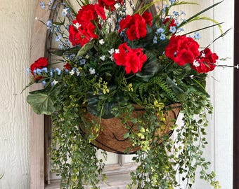 Patriotic Hanging Basket, Red Geranium Outdoor Planter, Summer Front Porch Decor, Fourth of July Hanging Planter, Memorial Day Decor
