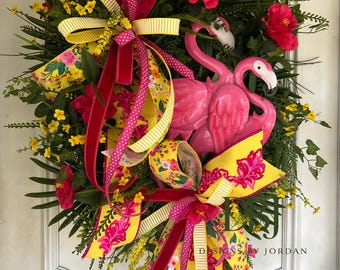 Pink Flamingo Summer Wreath, Tropical Floral Door Decor, Bright Hibiscus Ribbon