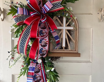 Handcrafted Patriotic Grapevine Wreath, Red White Blue Americana Door Decor
