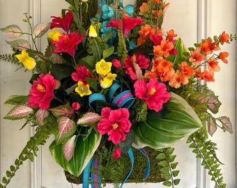 Tropical Moss Door Basket, Summer Hibiscus Floral Decor, Colorful Porch Accent