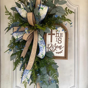 He Is Risen Easter Wreath, Fern & Blue Floral, Farmhouse Door Decor