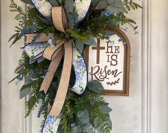 He Is Risen Easter Wreath, Fern & Blue Floral, Farmhouse Door Decor
