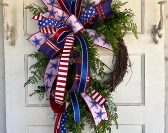 Handcrafted Patriotic Grapevine Wreath, Red White Blue Americana Door Decor