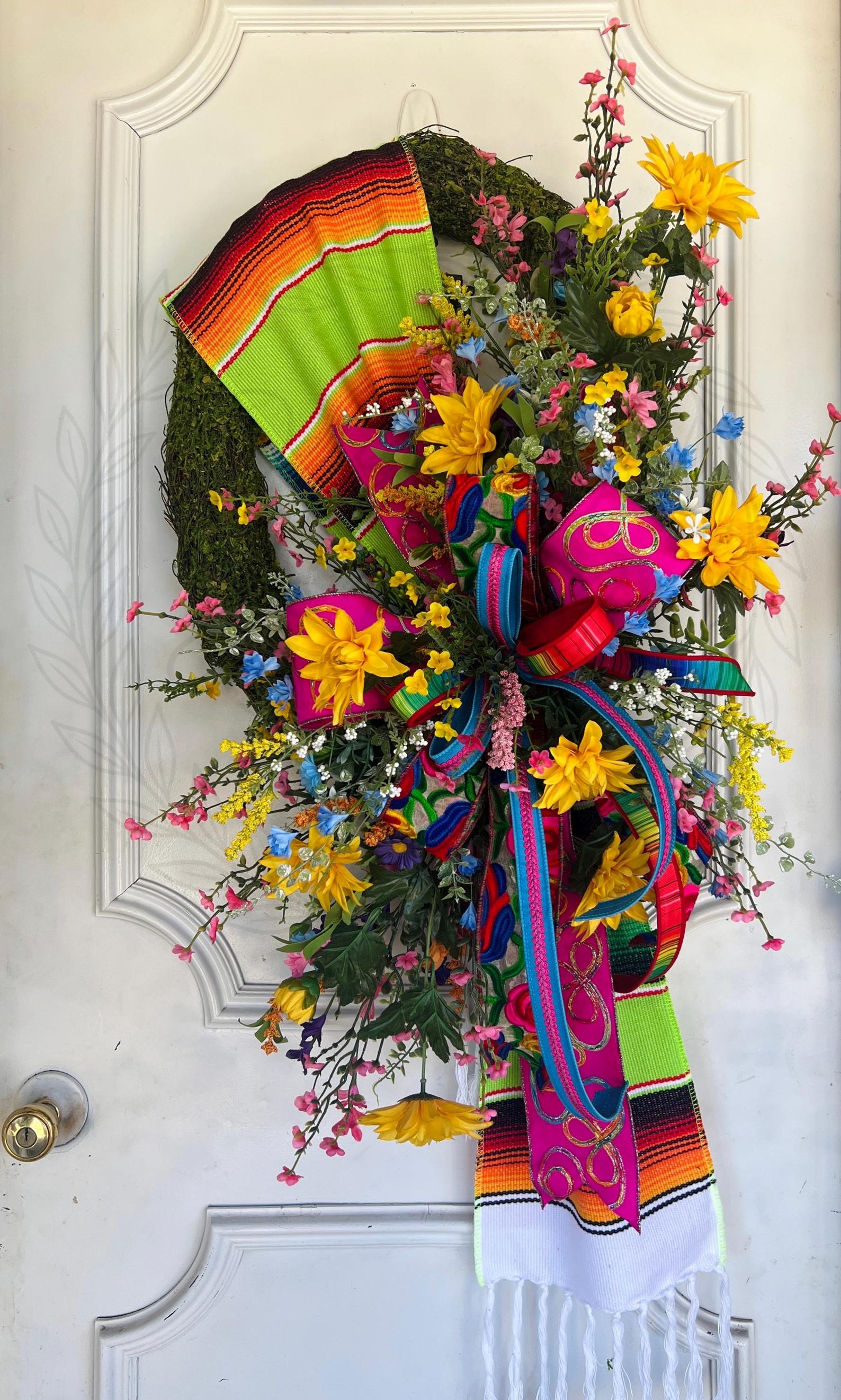 Fiesta Grapevine Wreath | Serape Ribbon, Yellow Flowers, Cinco De Mayo ...