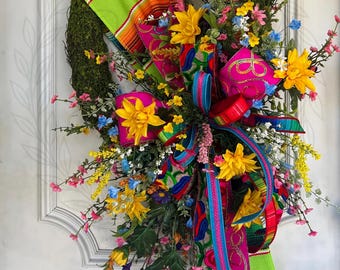 Fiesta Grapevine Wreath | Serape Ribbon, Yellow Flowers, Cinco de Mayo Decor