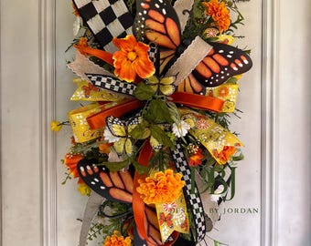 Monarch Butterfly Swag, Orange Yellow Floral Spring Summer Door Decor