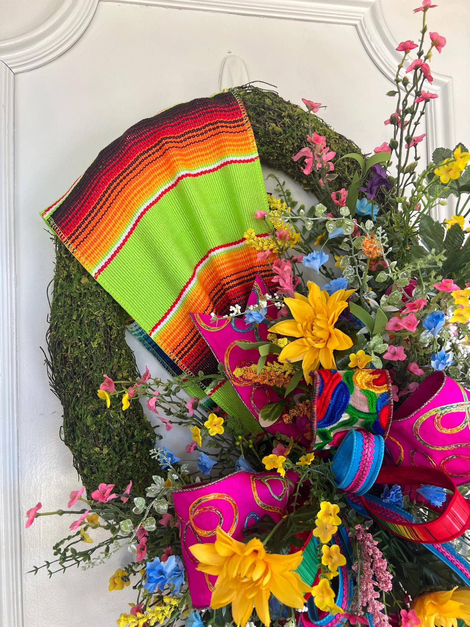 Fiesta Grapevine Wreath | Serape Ribbon, Yellow Flowers, Cinco De Mayo ...
