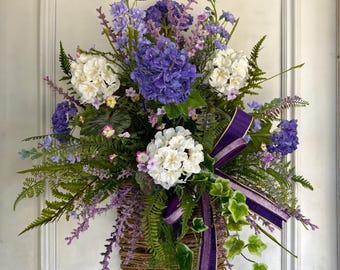 Purple Hydrangea Spring Door Basket, Faux Floral Arrangement, Cottage Charm